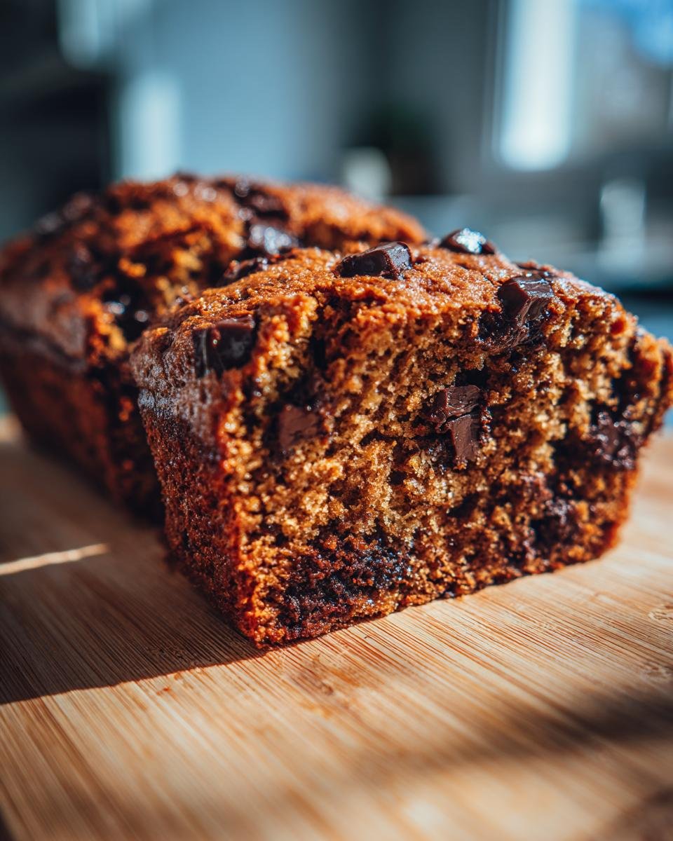 Nahaufnahme von zwei Laiben Banana Bread mit Schokolade und Gewürzen, angeschnitten auf einem Holzbrett.