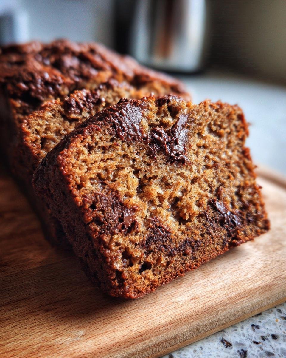 Aufgeschnittenes Banana Bread mit Schokolade und Gewürzen auf einem Holzbrett.