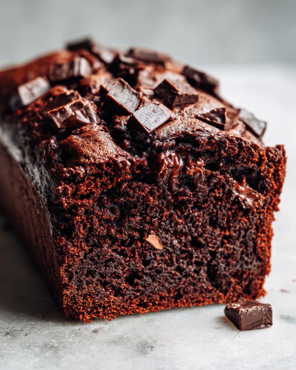 Nahaufnahme eines saftigen Banana Bread mit Schokolade und Gewürzen, bedeckt mit Schokoladenstücken.