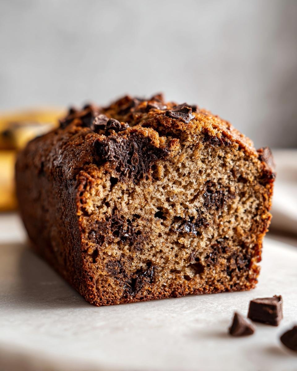 Nahaufnahme eines Laibs Banana Bread mit Schokolade und Gewürzen, das saftig und voller Schokoladenstückchen aussieht.