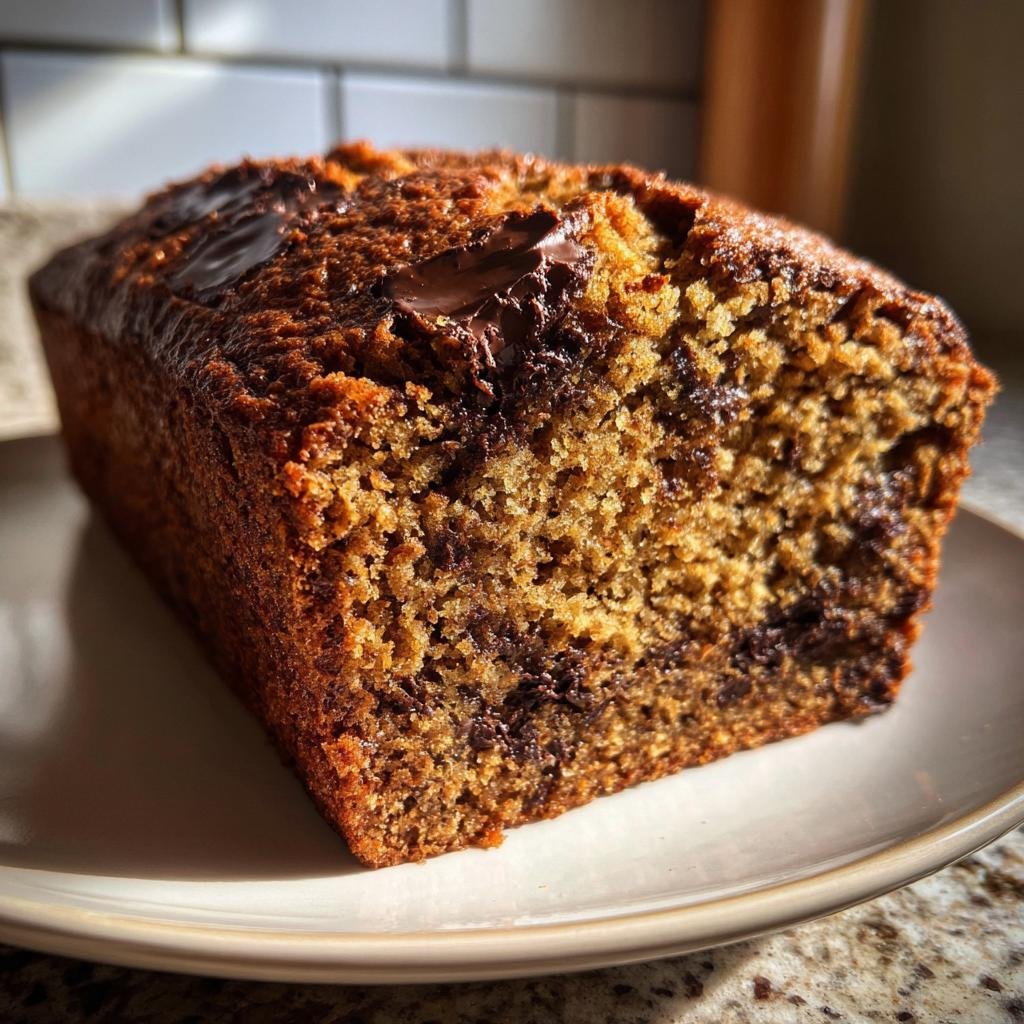 Nahaufnahme eines saftigen Stücks Banana Bread mit Schokolade und Gewürzen auf einem Teller.