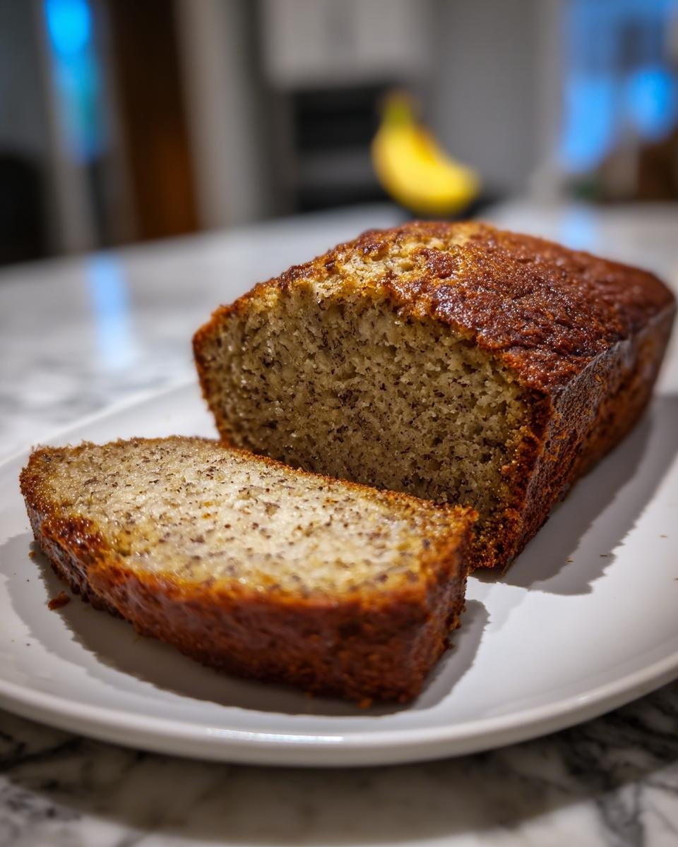 Ein angeschnittenes, saftiges Bananenbrot kalorienarm & zuckerfrei auf einem weißen Teller, mit einer Banane im Hintergrund.