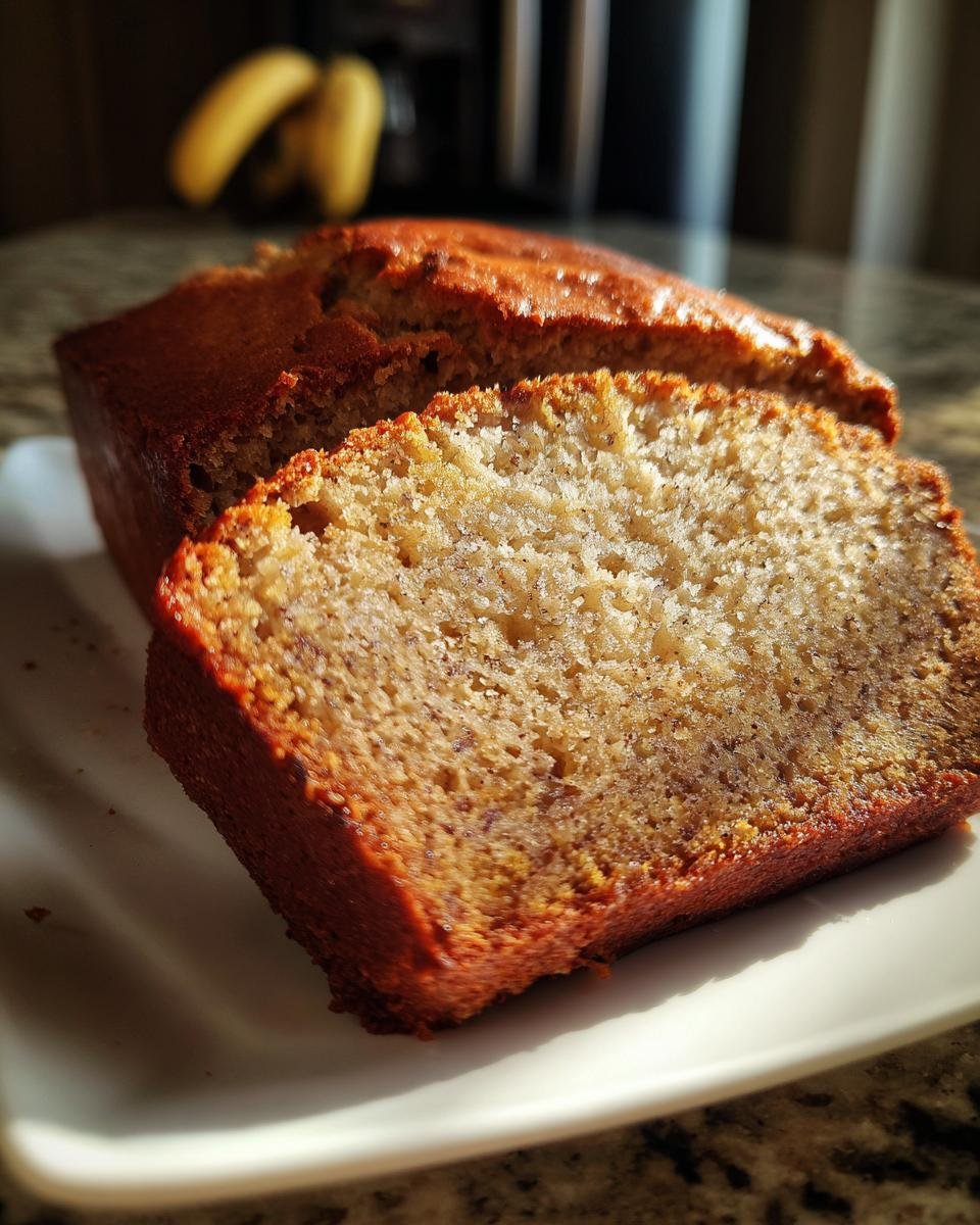 Nahaufnahme eines aufgeschnittenen Bananenbrot kalorienarm & zuckerfrei mit goldbrauner Kruste auf einem weißen Teller.