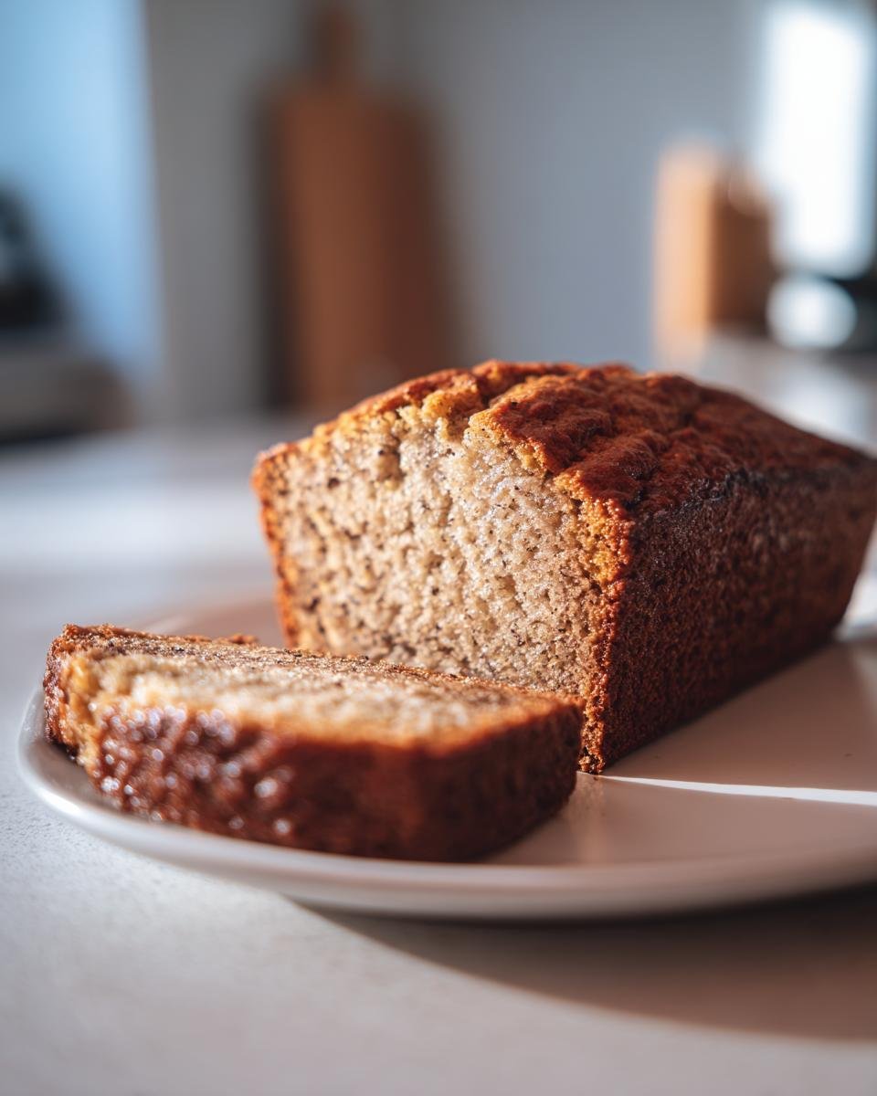 Ein Laib Bananenbrot kalorienarm & zuckerfrei mit einer Scheibe auf einem weißen Teller.