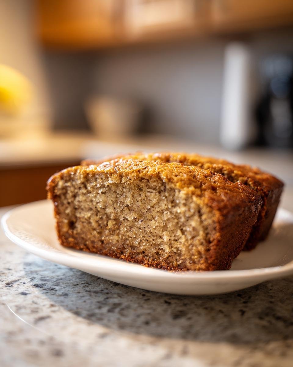 Zwei Scheiben Bananenbrot kalorienarm & zuckerfrei auf einem weißen Teller, Nahaufnahme der feuchten Krume.