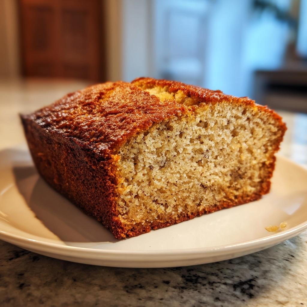 Ein dickes Stück Bananenbrot kalorienarm & zuckerfrei mit goldbrauner Kruste auf einem weißen Teller.