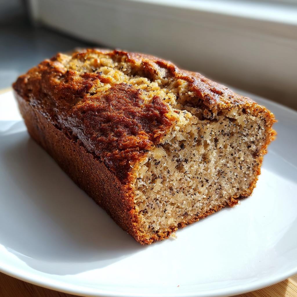 Ein goldbraun gebackenes Bananenbrot ohne Zucker, angeschnitten auf einem weißen Teller, mit sichtbaren dunklen Sprenkeln im Teig.
