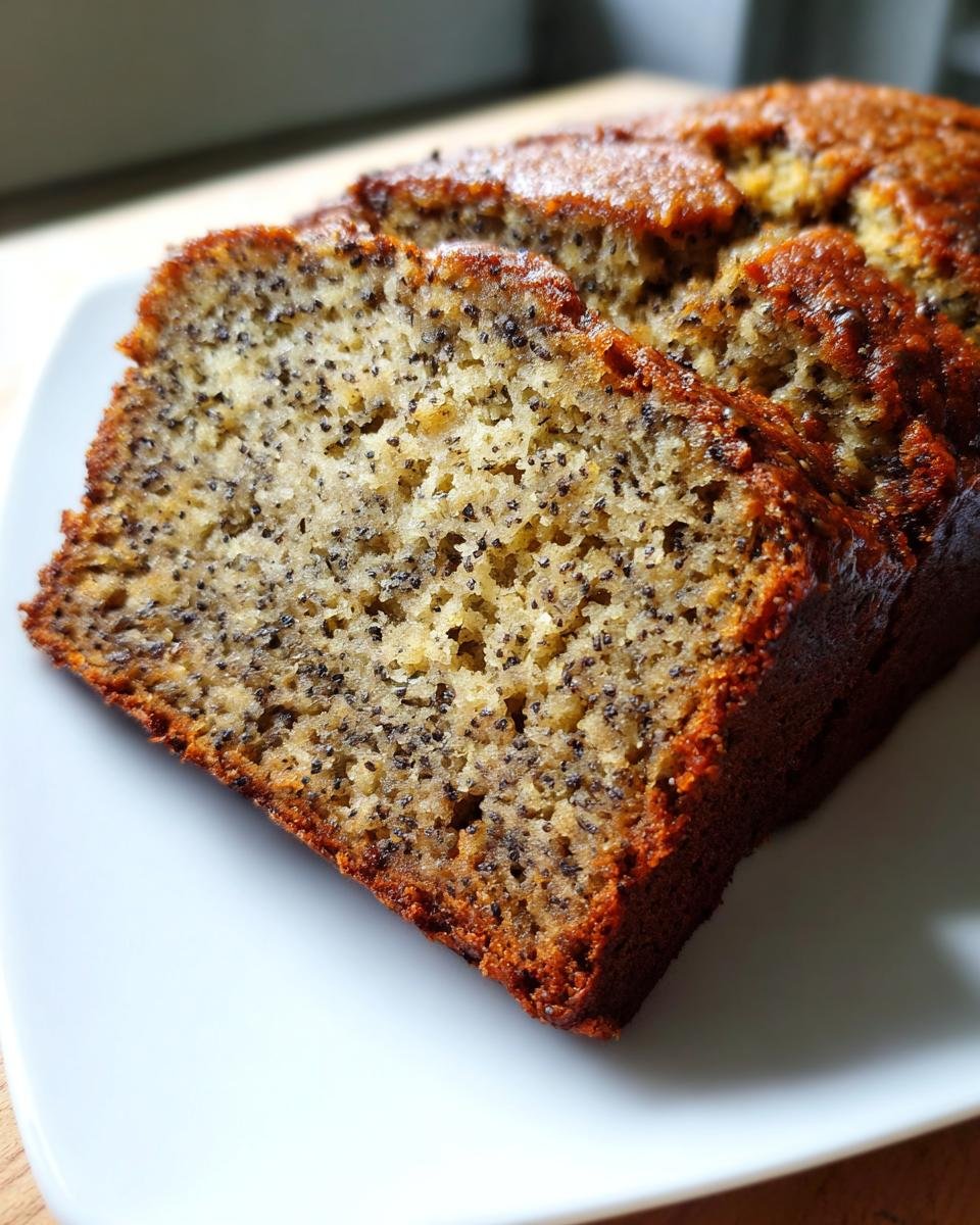 Nahaufnahme von geschnittenem Bananenbrot ohne Zucker mit vielen dunklen Mohnsamen auf einem weißen Teller.