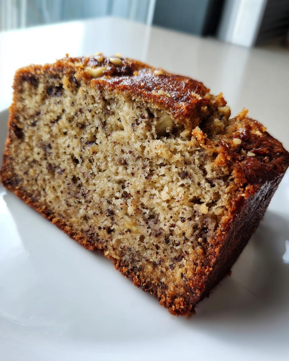 Nahaufnahme eines saftigen Stücks Bananenbrot ohne Zucker mit dunklen Bananenstückchen und Nüssen.