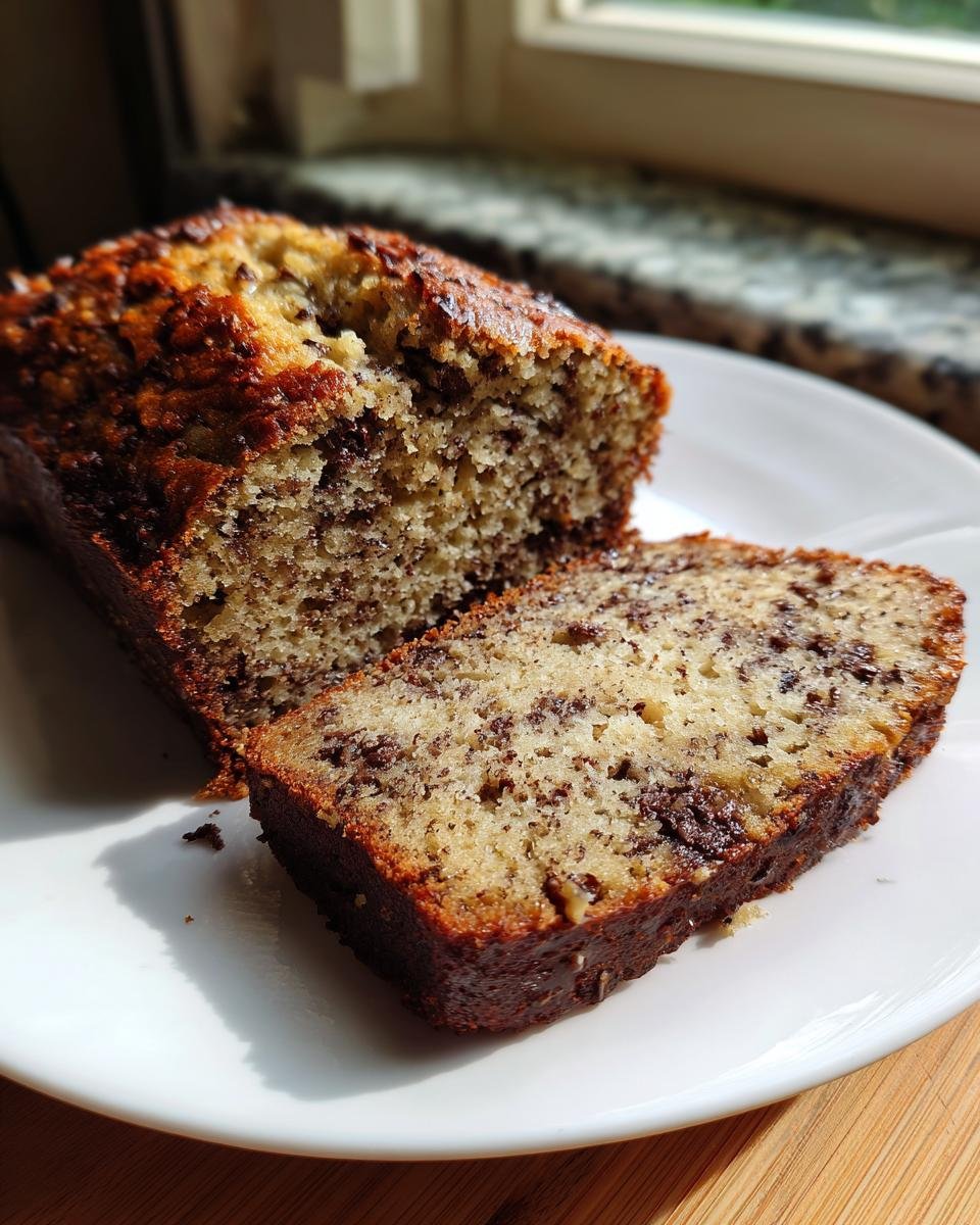 Angeschnittenes, saftiges Bananenbrot mit Schokolade und Nüssen auf einem weißen Teller.