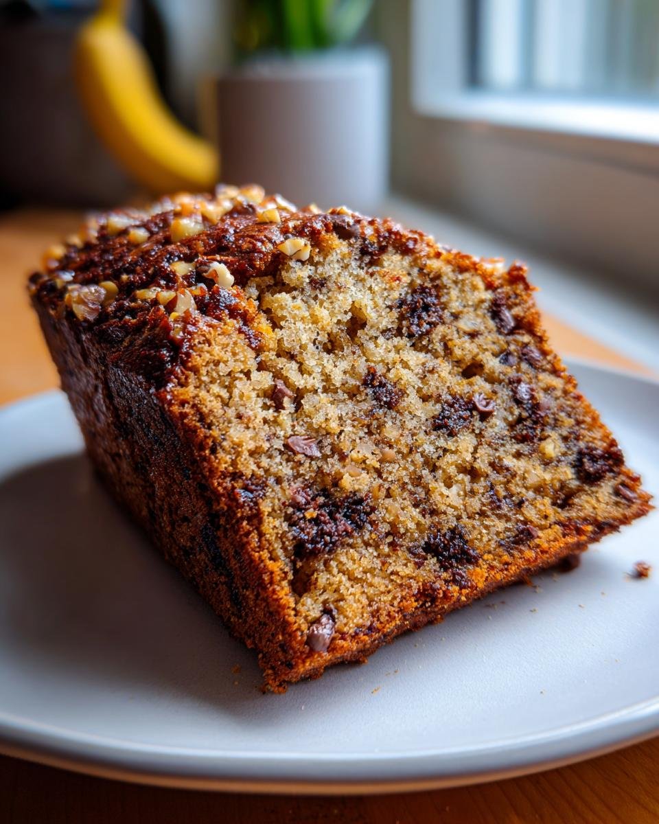 Nahaufnahme eines Stücks saftiges Bananenbrot mit Schokolade und Nüssen auf einem Teller.