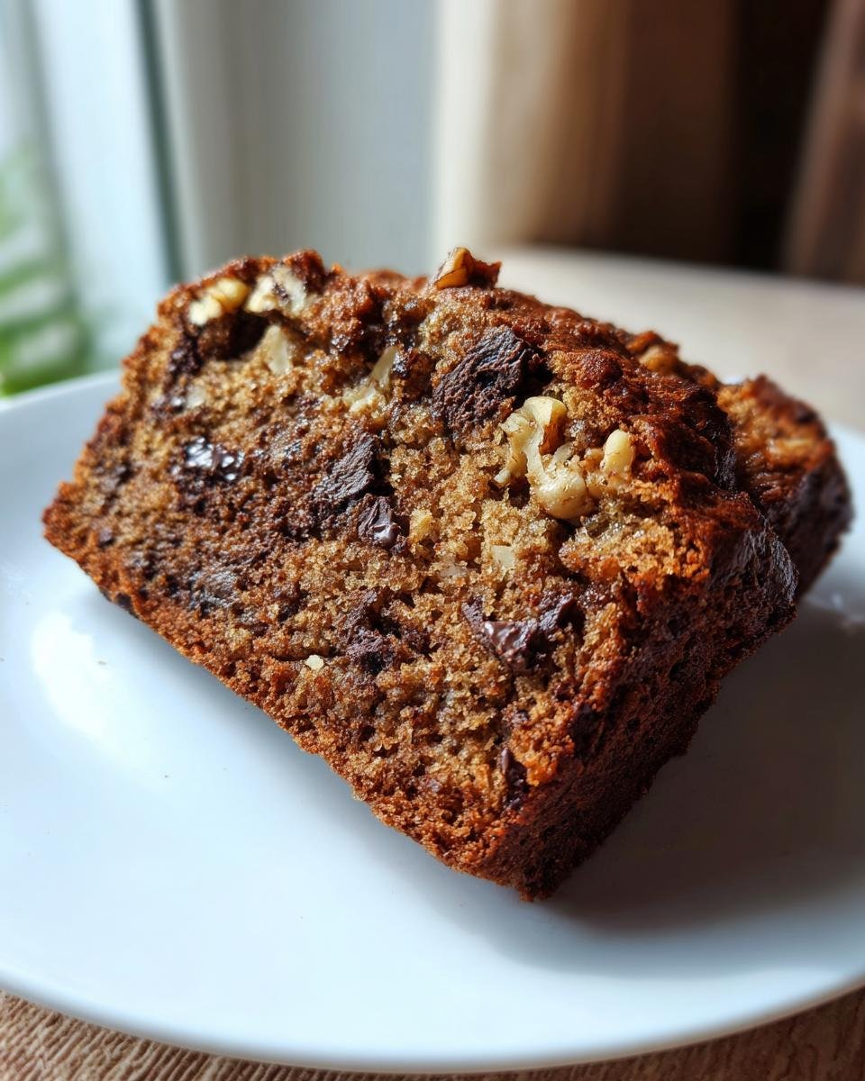 Nahaufnahme von zwei Scheiben saftigem Bananenbrot mit Schokolade und Nüssen auf einem weißen Teller.