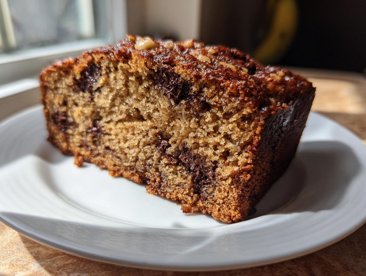 Ein saftiger Anschnitt von Bananenbrot mit Schokolade und Nüssen auf einem weißen Teller.