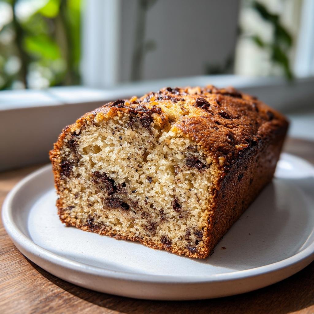 Ein angeschnittenes, saftiges Bananenbrot mit Schokolade und Nüssen auf einem hellen Teller.