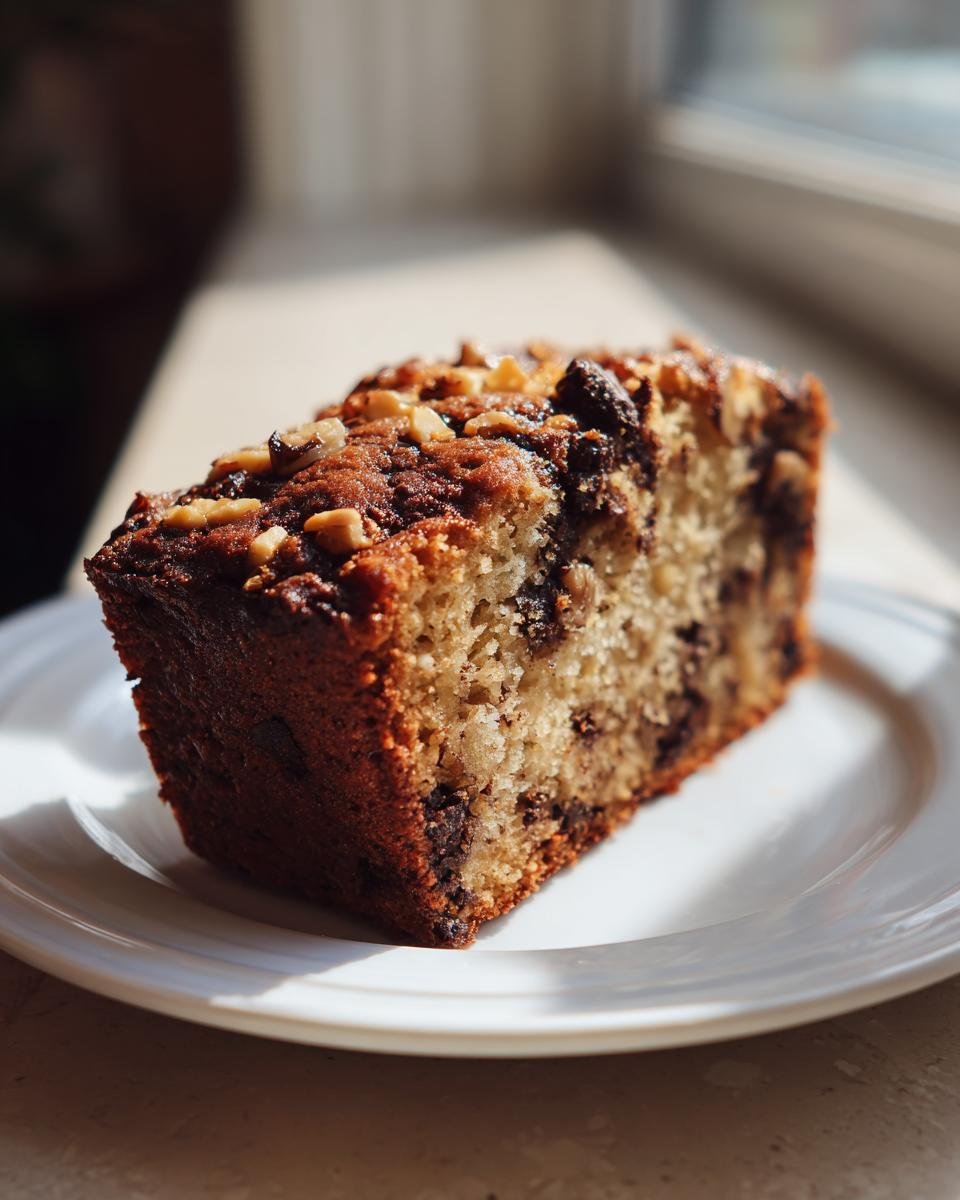 Ein saftiges Stück Bananenbrot mit Schokolade und Nüssen auf einem weißen Teller im Sonnenlicht.