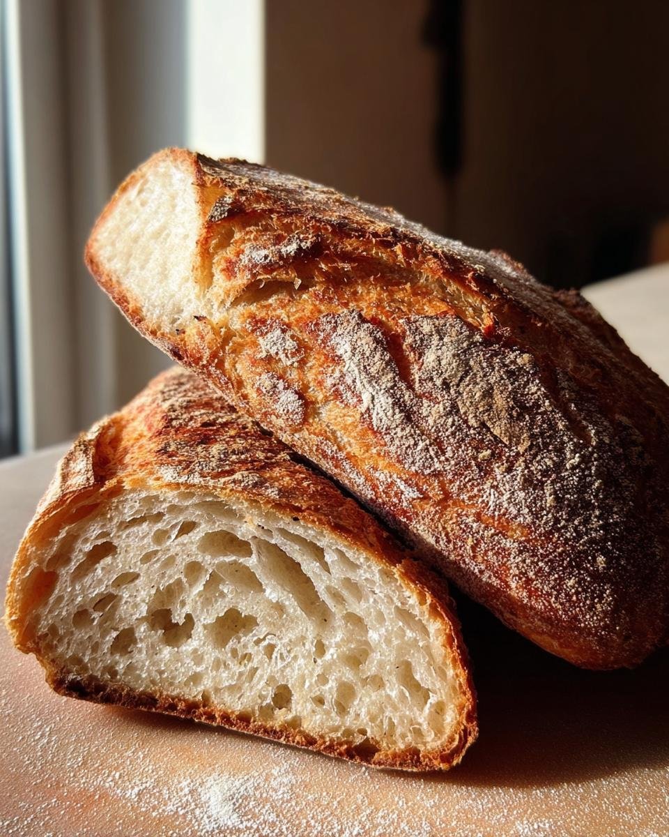 Zwei Hälften eines frisch gebackenen Bauernbrot mit Hefe, das eine knusprige Kruste und eine offene Krume zeigt.