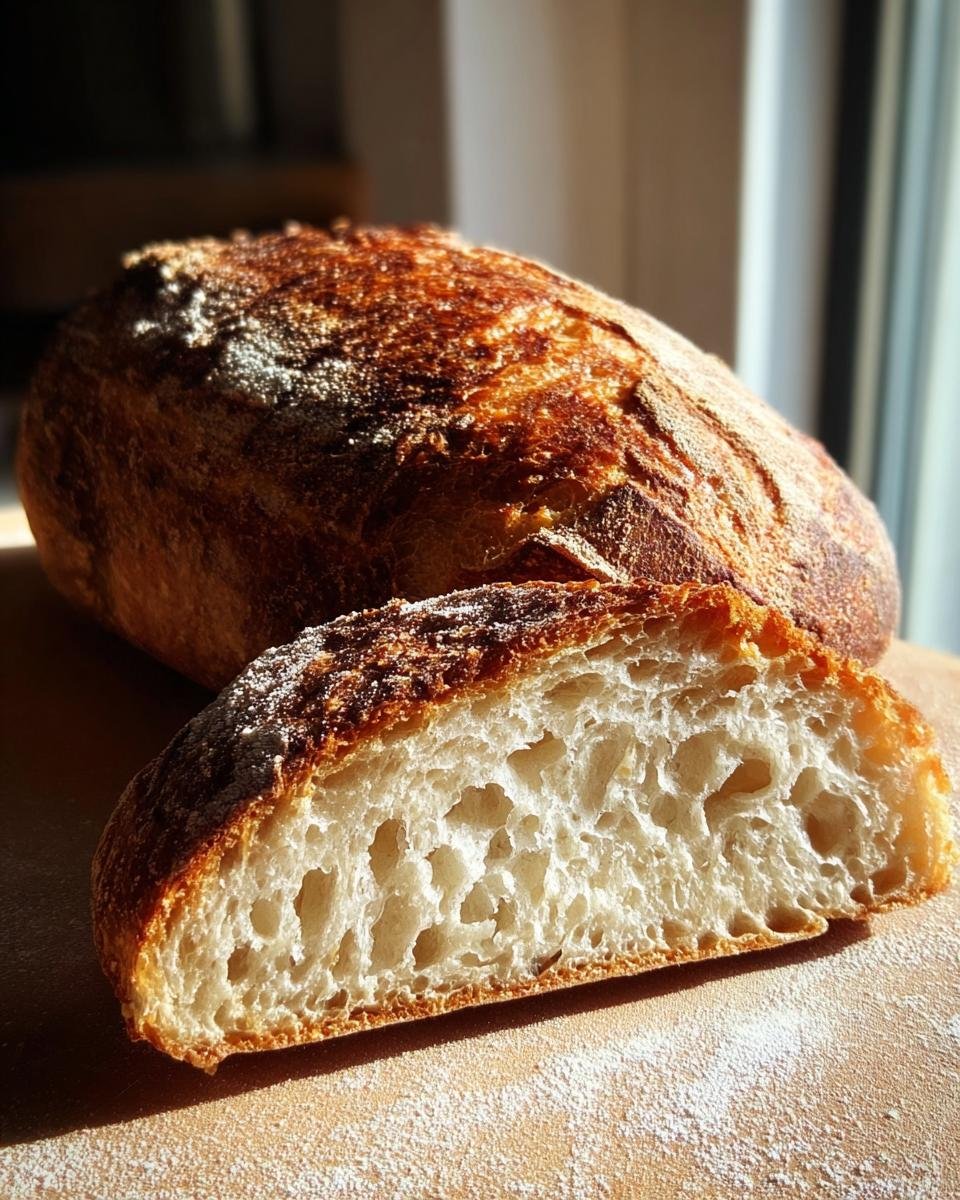 Ein Laib hausgemachtes Bauernbrot mit Hefe, angeschnitten, um die offene Krume zu zeigen.