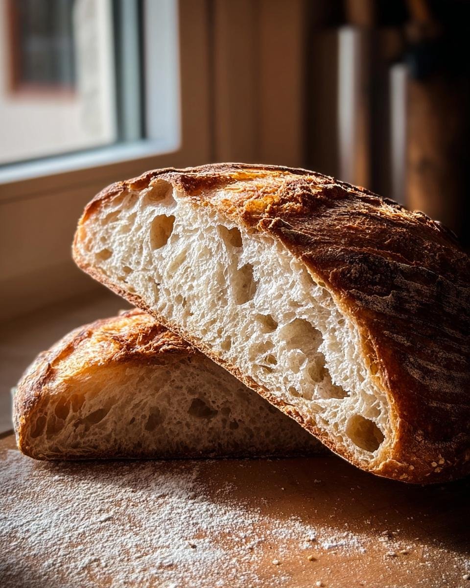 Nahaufnahme eines aufgeschnittenen Bauernbrot mit Hefe, das eine knusprige Kruste und eine luftige Krume mit großen Poren zeigt.