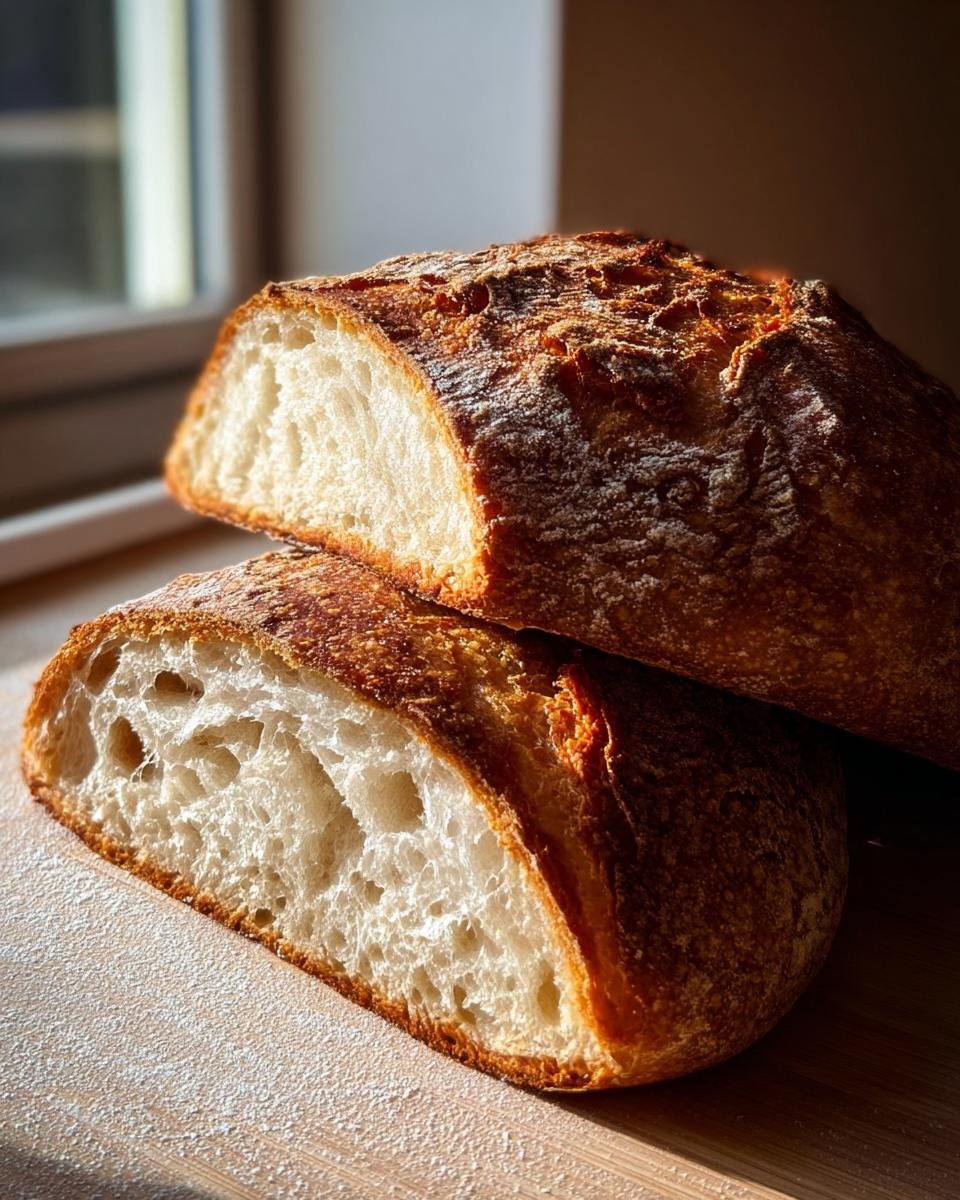 Zwei Hälften eines frisch gebackenen Bauernbrot mit Hefe, das eine knusprige Kruste und eine luftige Krume zeigt.