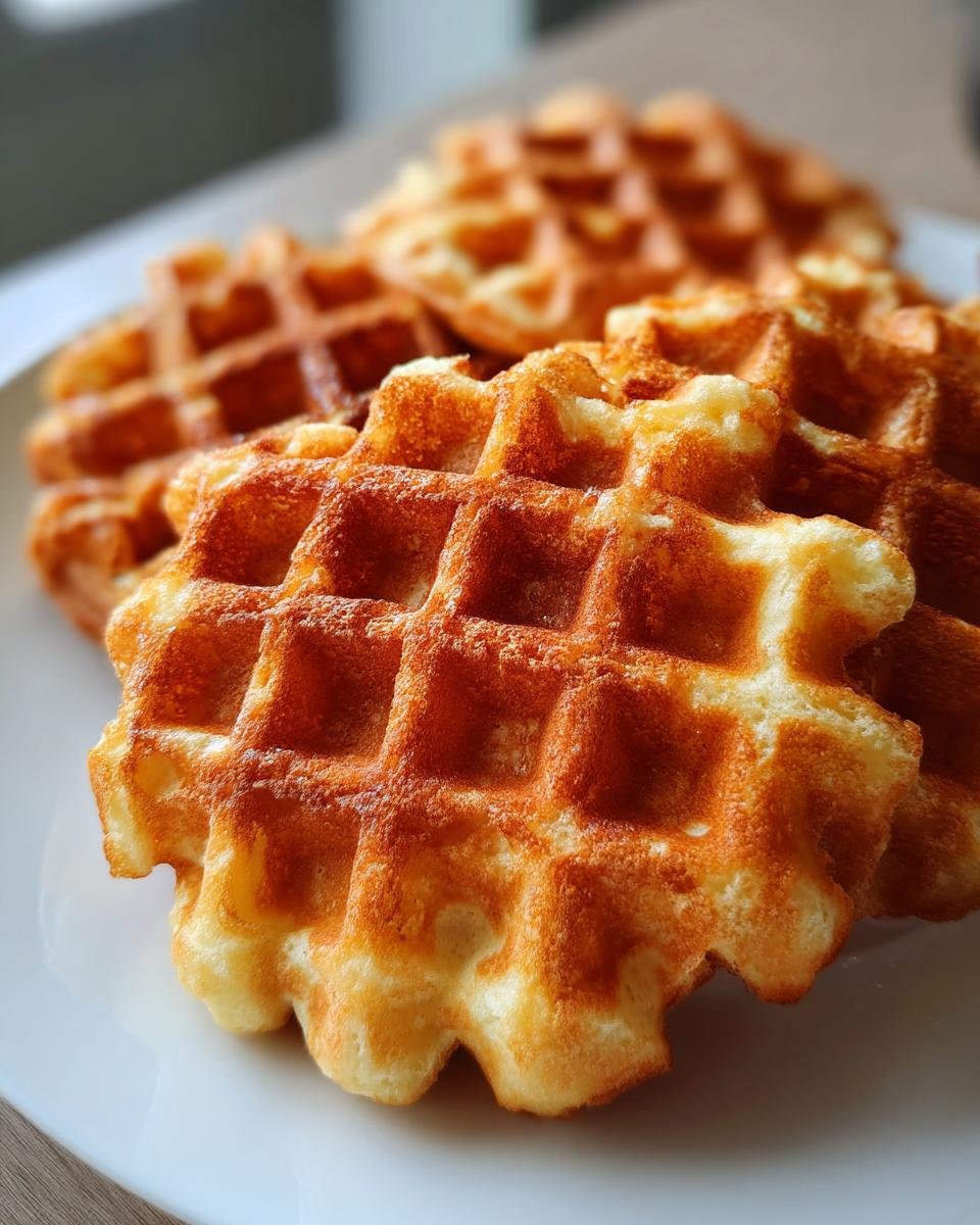 Nahaufnahme von mehreren goldbraunen, frisch gebackenen Belgische Waffeln auf einem weißen Teller.