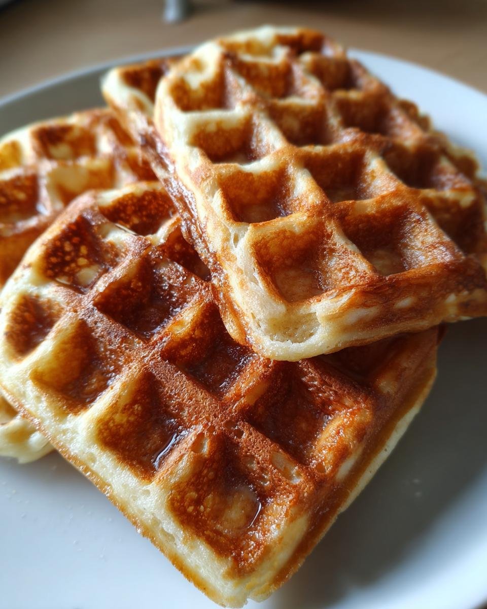 Nahaufnahme von drei frisch gebackenen, goldbraunen Belgische Waffeln, leicht glänzend.