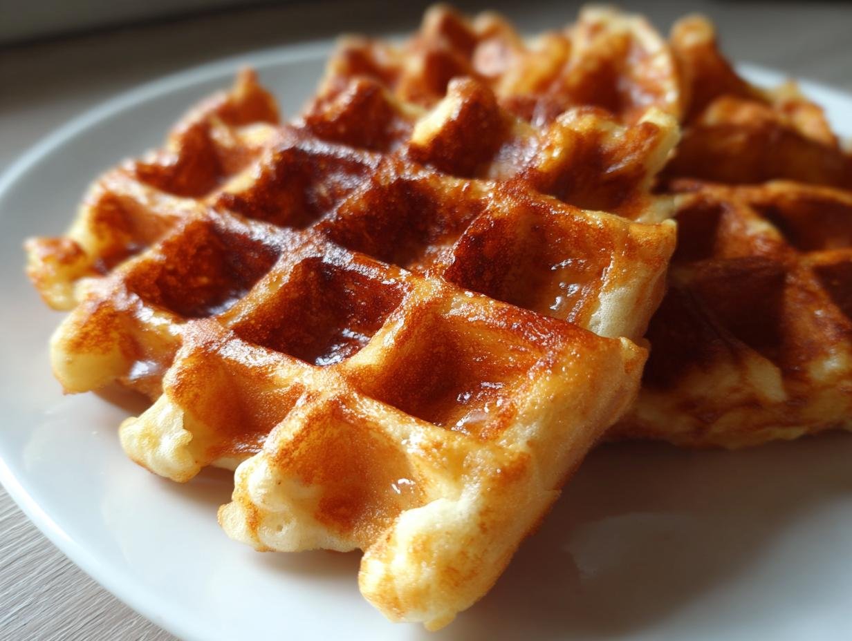 Nahaufnahme von zwei goldbraunen, knusprigen Belgische Waffeln, die glänzend auf einem weißen Teller liegen.