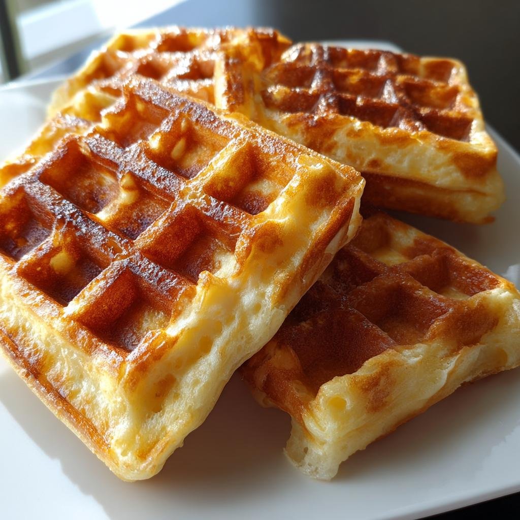 Nahaufnahme von drei fluffigen, goldbraun gebackenen Belgische Waffeln auf einem weißen Teller.