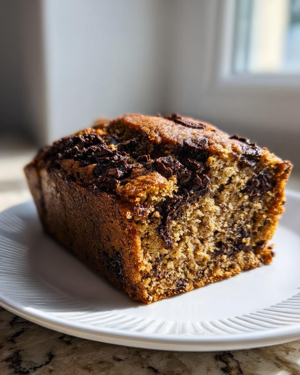 Ein Stück saftiges Paleo Bananenbrot mit dunklen Schokoladenstücken auf einem weißen Teller.
