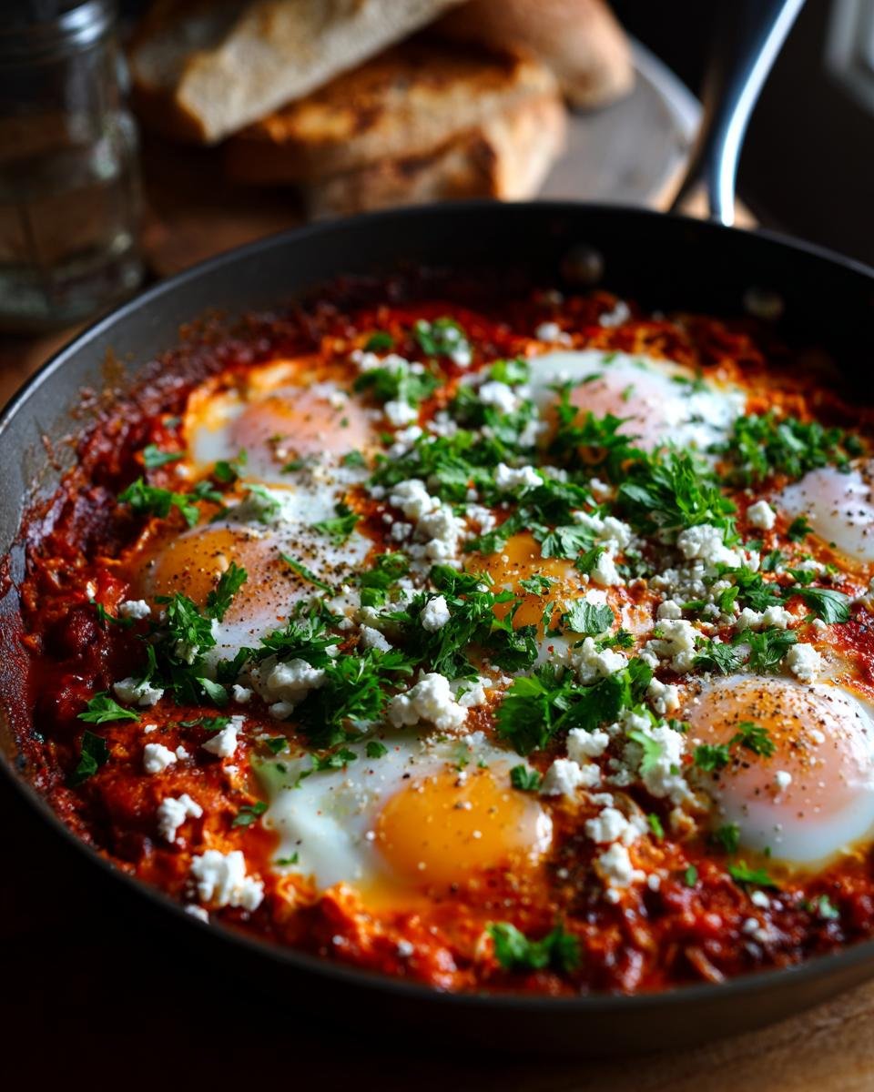 Nahaufnahme von fertigem Shakshuka mit pochierten Eiern in Tomatensauce, garniert mit Feta und frischer Petersilie.