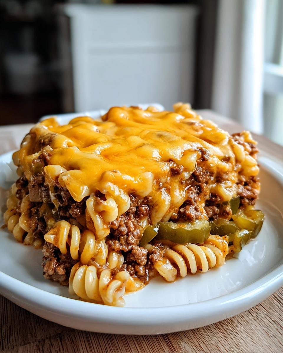 Ein Stück Big Mac Nudelauflauf mit Hackfleisch, Spiralnudeln und geschmolzenem Cheddar-Käse auf einem weißen Teller.