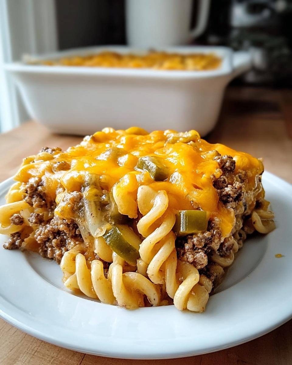 Ein Stück Big Mac Nudelauflauf mit Hackfleisch, Fusilli-Nudeln und geschmolzenem Cheddar-Käse auf einem weißen Teller.