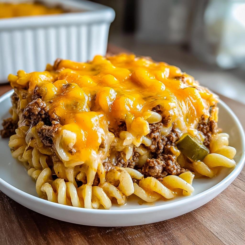 Ein Teller Big Mac Nudelauflauf mit Hackfleisch, Spiralnudeln und reichlich geschmolzenem Cheddar-Käse.
