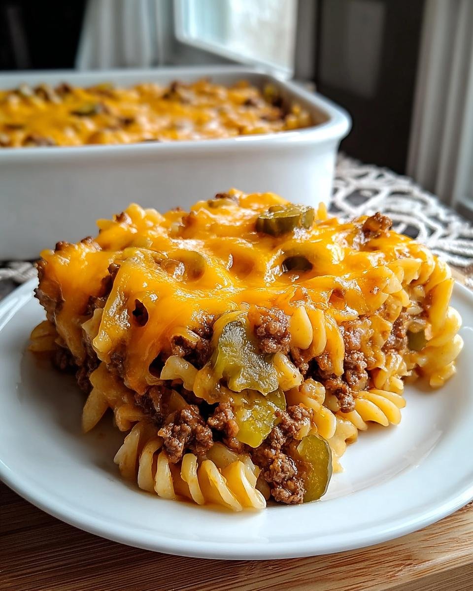 Ein Teller mit Big Mac Nudelauflauf, bedeckt mit geschmolzenem Cheddar-Käse und Gurkenscheiben.