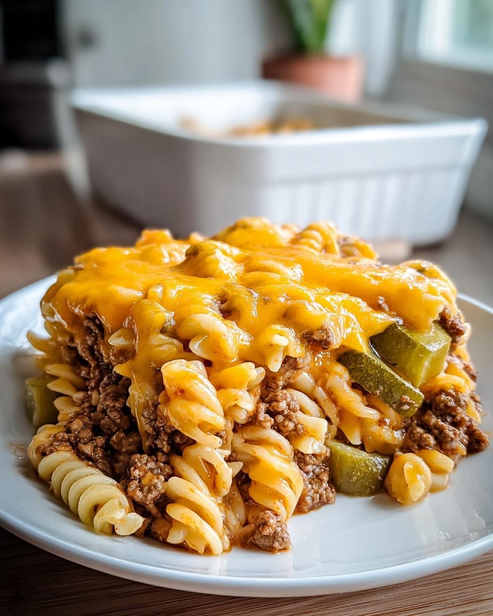 Ein Teller Big Mac Nudelauflauf mit Hackfleisch, Spiralnudeln und geschmolzenem Cheddar-Käse.