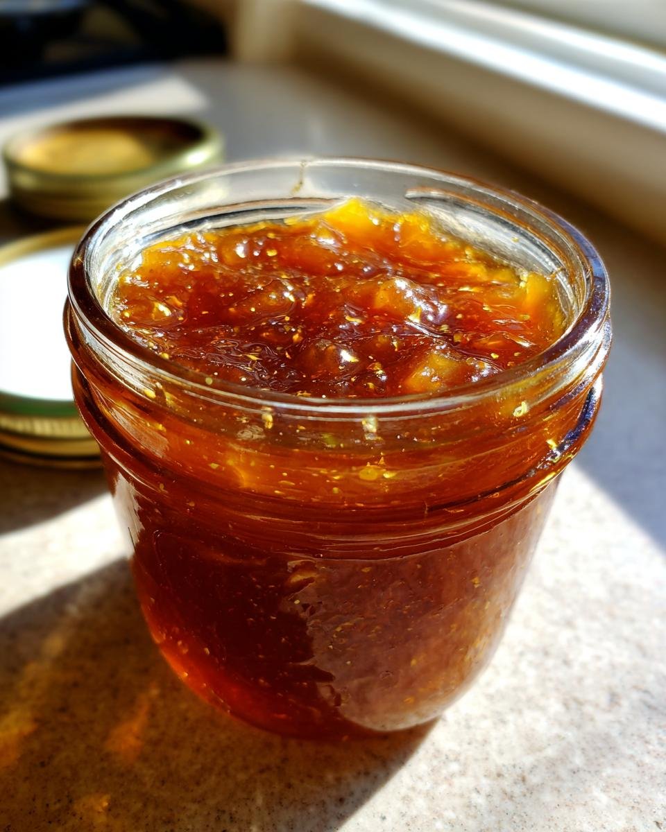 Nahaufnahme einer Glas mit fertiger Birnen-Karamell-Marmelade, glänzend im Sonnenlicht.