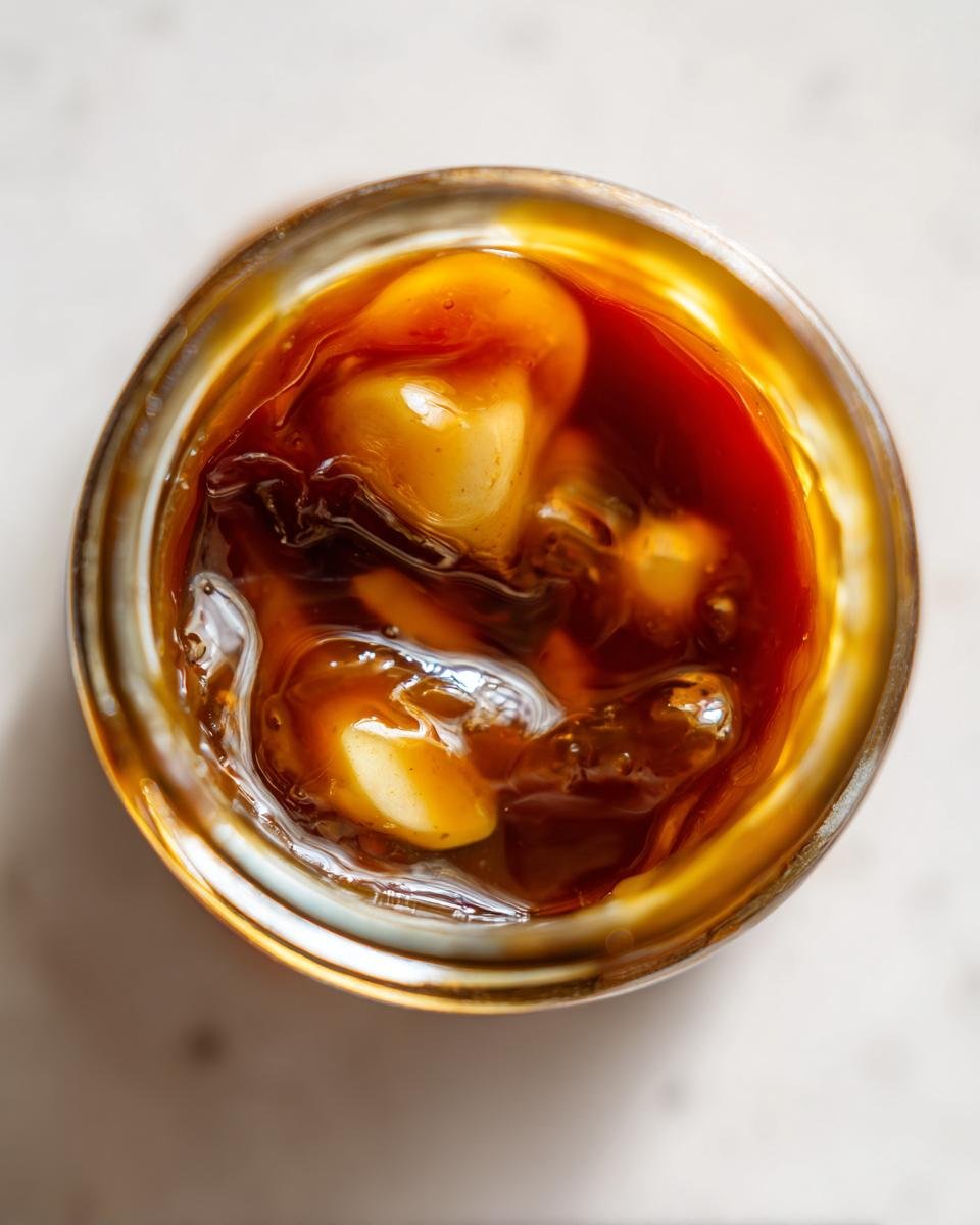 Aufnahme von oben in ein Glas mit dunkler, glänzender Birnen-Karamell-Marmelade und sichtbaren Birnenstücken.