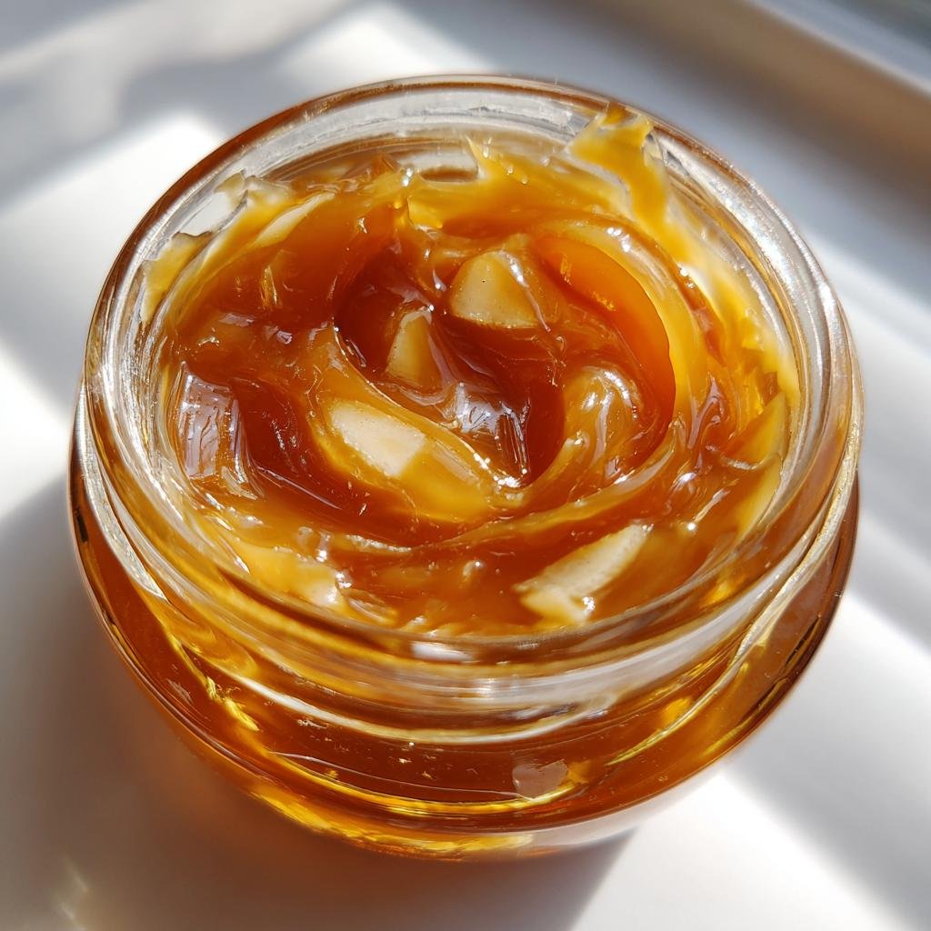 Nahaufnahme einer Glas mit cremiger Birnen-Karamell-Marmelade, die Stückchen von Birne enthält.