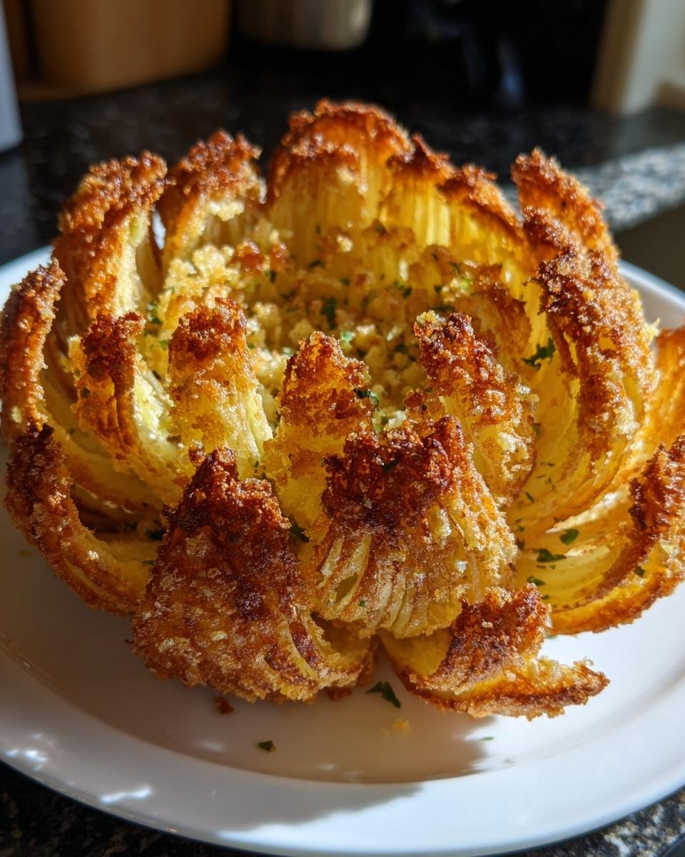 Nahaufnahme einer knusprig gebackenen Blühenden Zwiebel aus der Heißluftfritteuse auf einem weißen Teller.