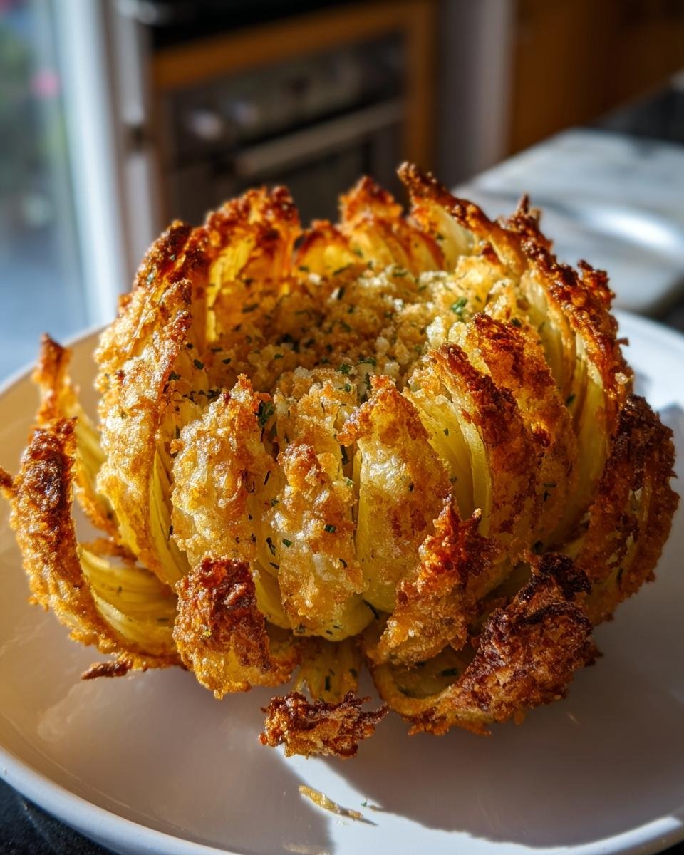 Eine knusprig gebackene Blühende Zwiebel aus der Heißluftfritteuse, goldbraun und mit Kräutern bestreut.