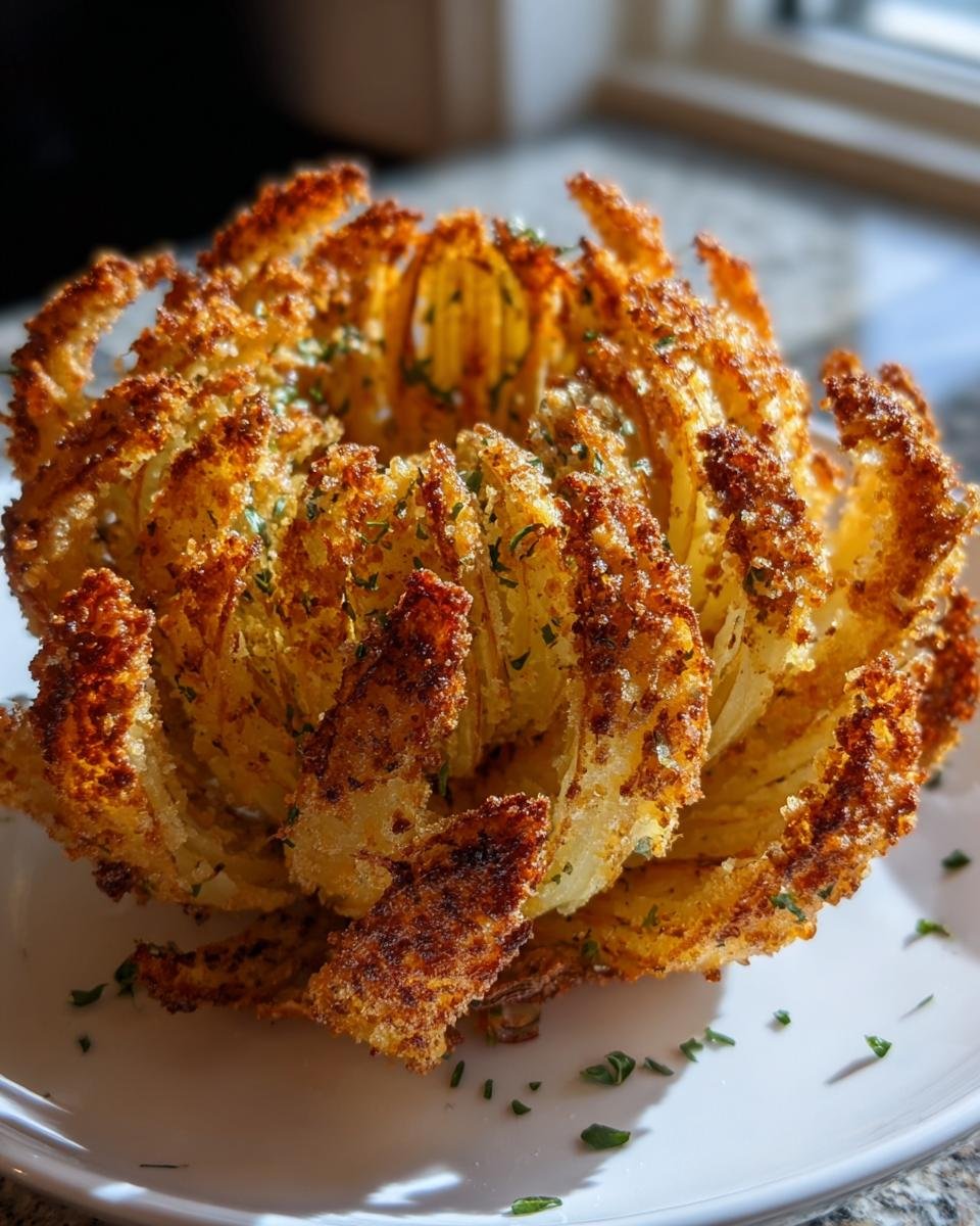 Knusprige, goldbraune Blühende Zwiebel aus der Heißluftfritteuse, garniert mit Petersilie auf einem weißen Teller.