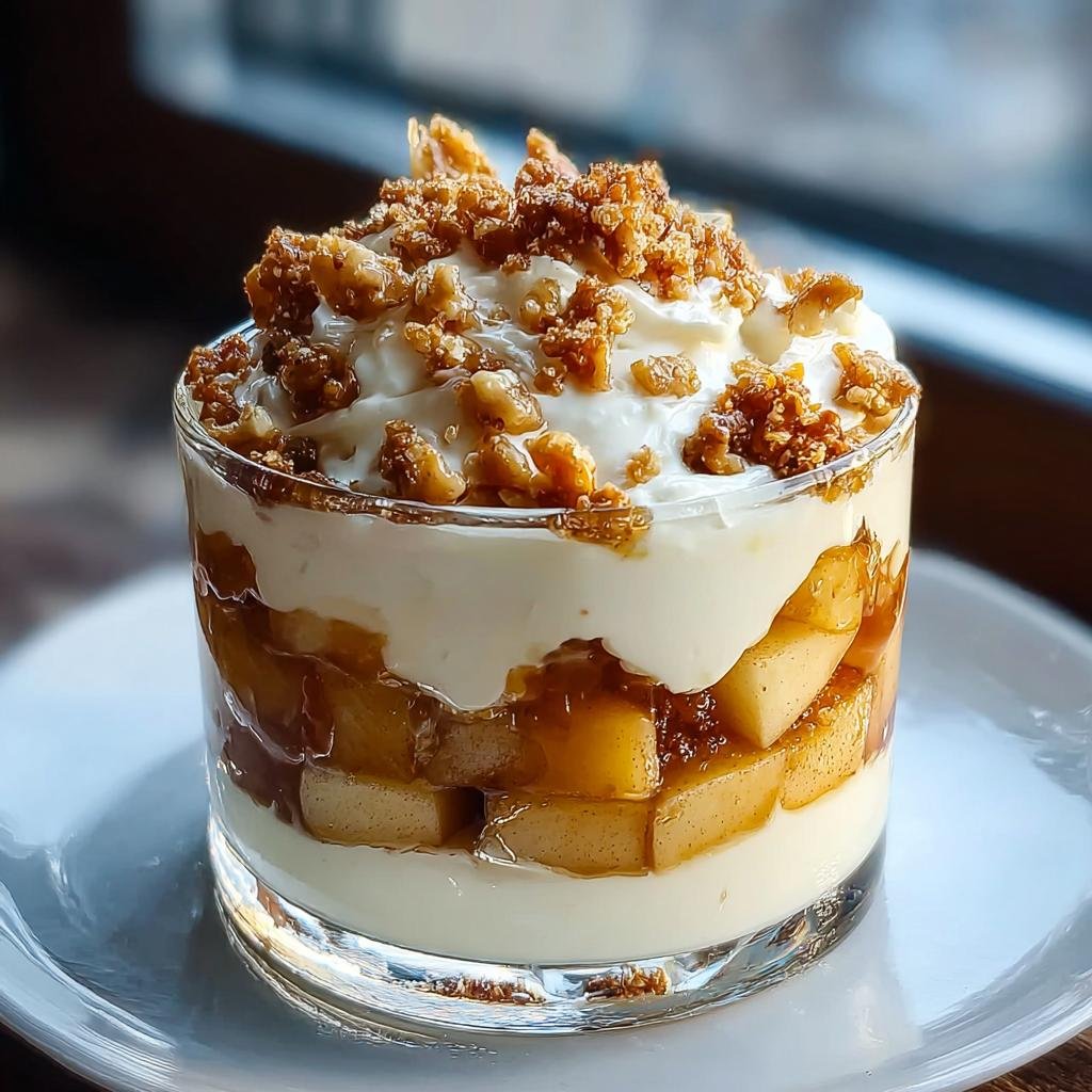 Nahaufnahme eines geschichteten Bratapfel Zimt Creme Desserts im Glas mit Sahne und Streuseln.
