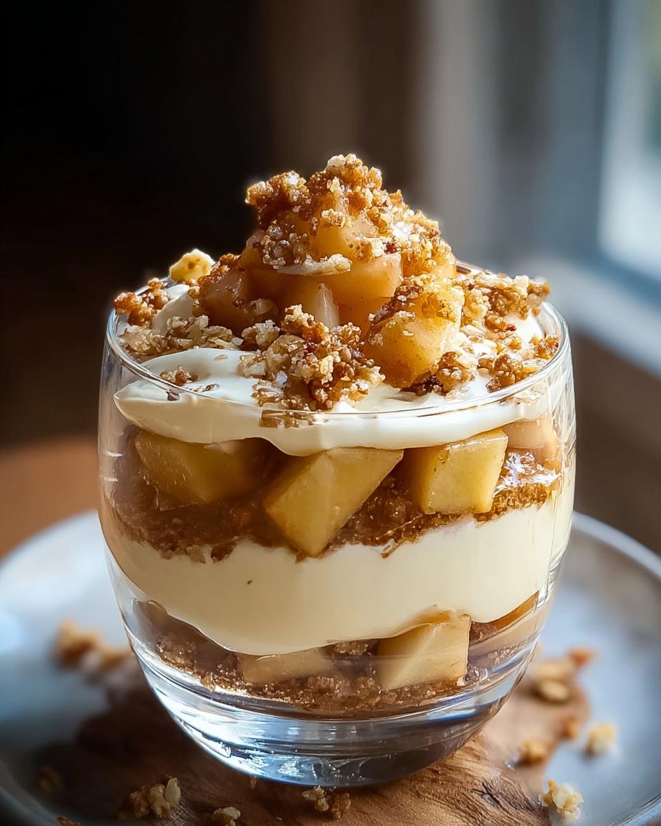 Geschichtetes Bratapfel Zimt Creme Dessert im Glas mit Apfelstücken, Creme und Streuseln.