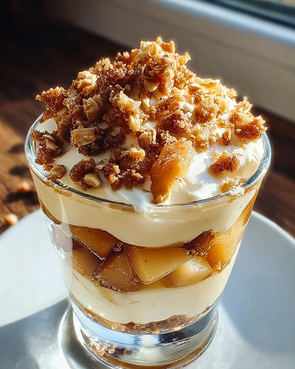 Ein geschichtetes Dessert im Glas mit Bratapfel Zimt Creme, karamellisierten Äpfeln und knusprigem Streusel-Topping.