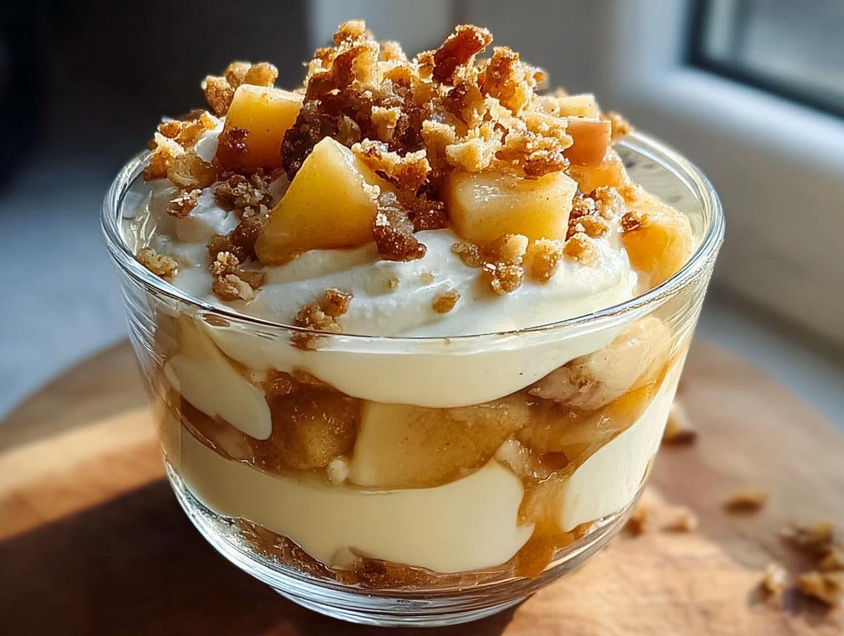 Geschichtetes Bratapfel Zimt Creme Dessert im Glas mit Apfelstücken und Streuseln.