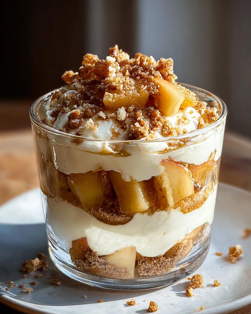 Geschichtetes Bratapfel Zimt Creme Dessert im Glas mit Apfelstücken, weißer Creme und Zimtstreuseln.