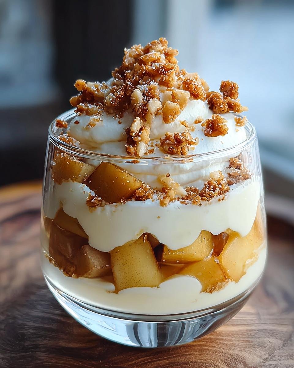 Geschichtetes Bratapfel Zimt Creme Dessert im Glas mit Apfelstücken, weißer Creme und knusprigem Zimt-Streusel-Topping.