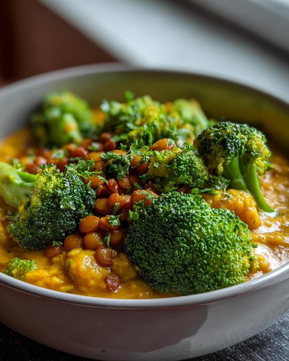 Nahaufnahme des fertigen Brokkolicurry mit roten Linsen, garniert mit frischem Brokkoli und Petersilie.