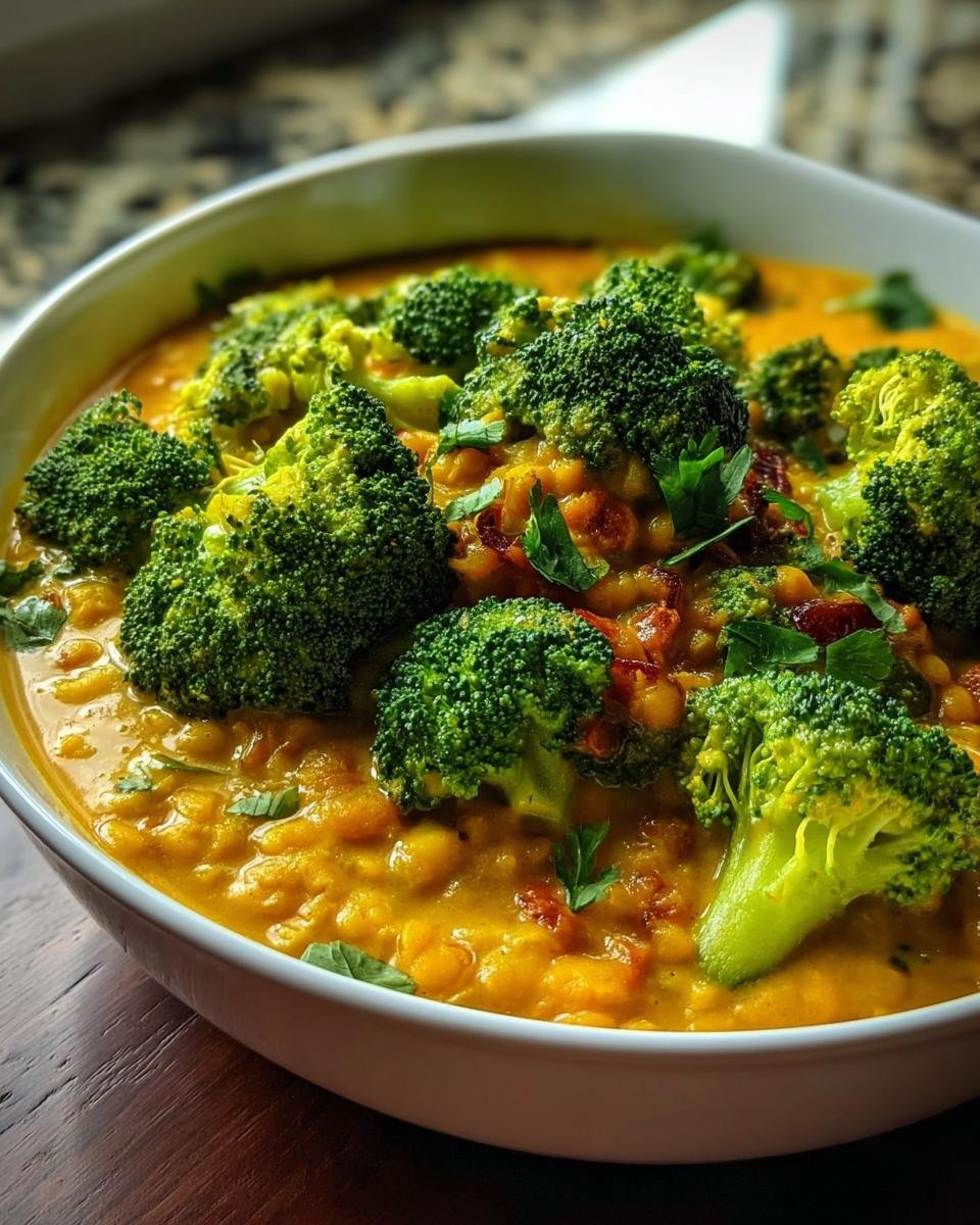 Nahaufnahme eines cremigen Brokkolicurry mit roten Linsen, garniert mit frischen Brokkoliröschen.