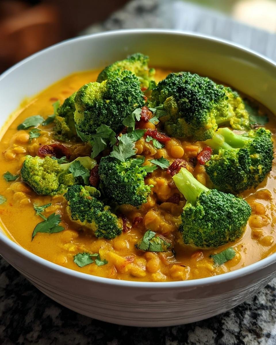 Nahaufnahme von cremigem Brokkolicurry mit roten Linsen und frischen Brokkoliröschen.