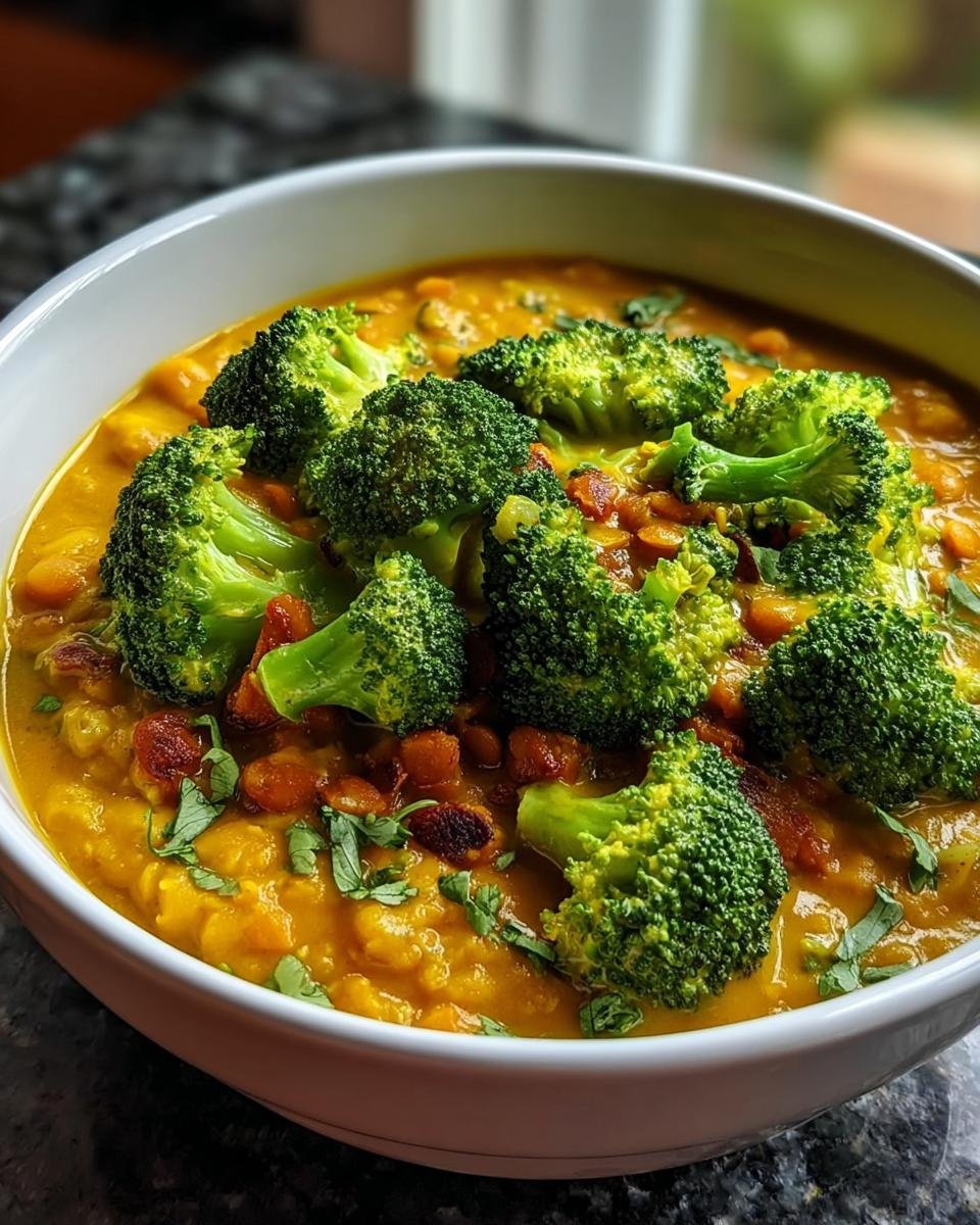 Nahaufnahme eines cremigen Brokkolicurry mit roten Linsen, garniert mit frischem Brokkoli und Kräutern.